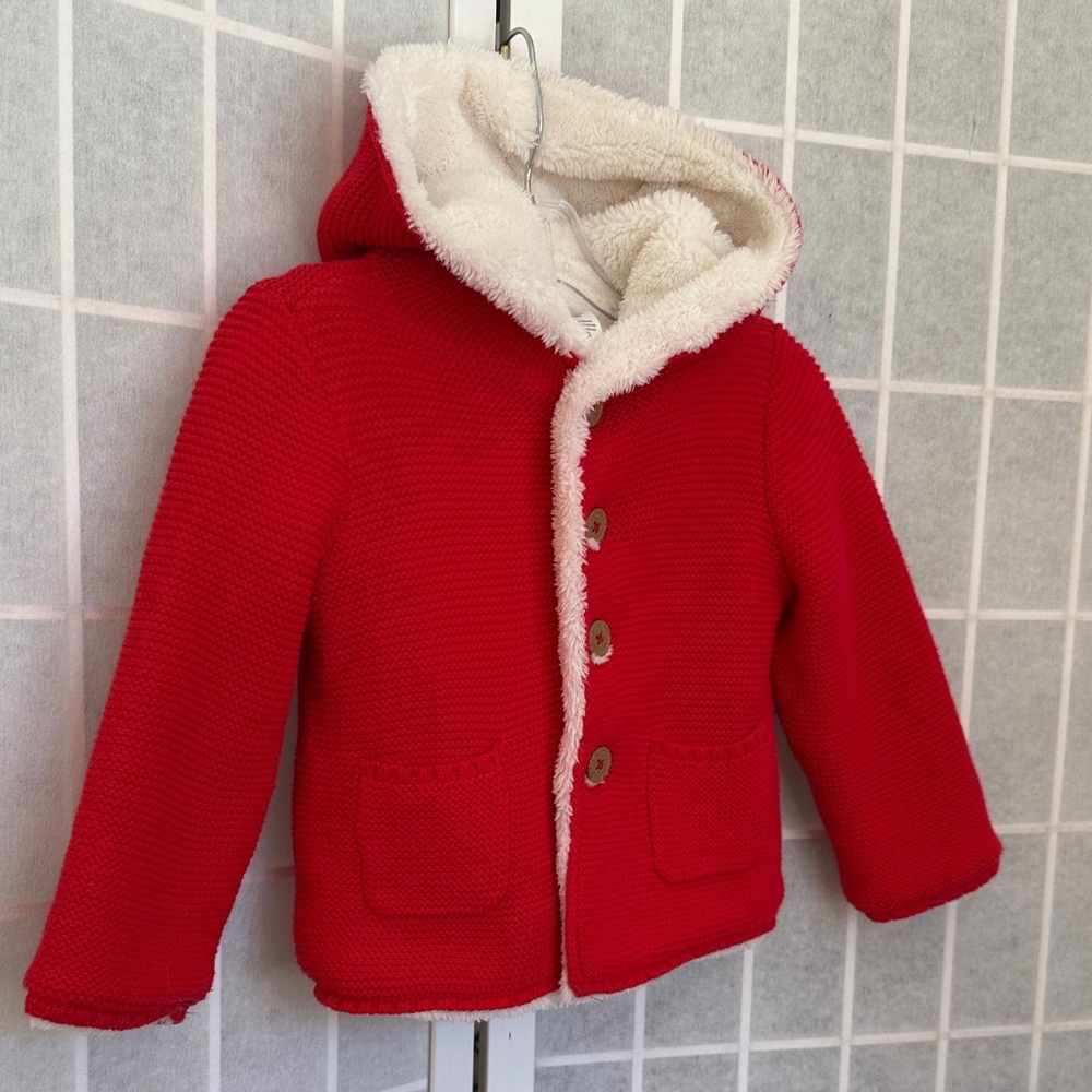 Carters Red Knit Button Coat Baby Sherpa Hooded Size 12M - Picture 2 of 7